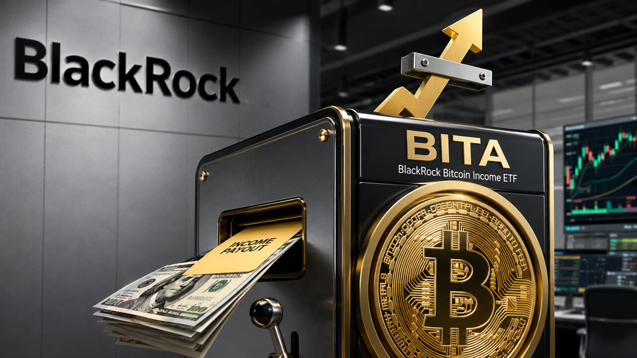 BlackRock’s Bitcoin Income ETF (BITA) shown dispensing cash payouts beside a Bitcoin-backed income machine, illustrating how the fund generates monthly income for investors while limiting upside participation during major Bitcoin rallies.