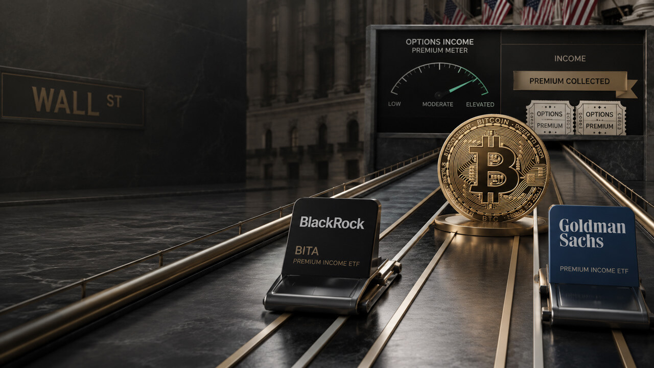 Bitcoin sits between BlackRock and Goldman Sachs income ETFs on a Wall Street-style track, illustrating the race to convert Bitcoin volatility into options-based ETF income.