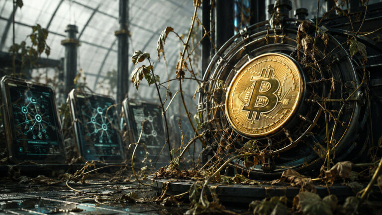 Bitcoin symbol entangled in an overgrown, underused DeFi network, illustrating how Bitcoin DeFi platforms are struggling to attract sustained user demand despite expanding infrastructure and technical development.