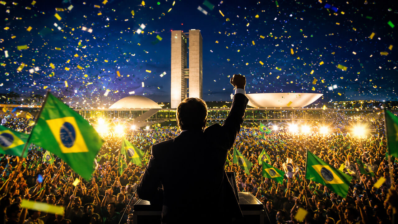 Crowd waving Brazilian flags outside Brazil’s National Congress as a leader celebrates on stage, representing a major Brazilian election victory or political event.