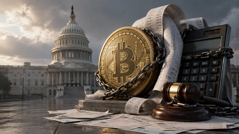 Bitcoin chained to tax receipts and legal documents outside the U.S. Capitol, symbolizing regulatory, tax, and compliance burdens on digital assets.