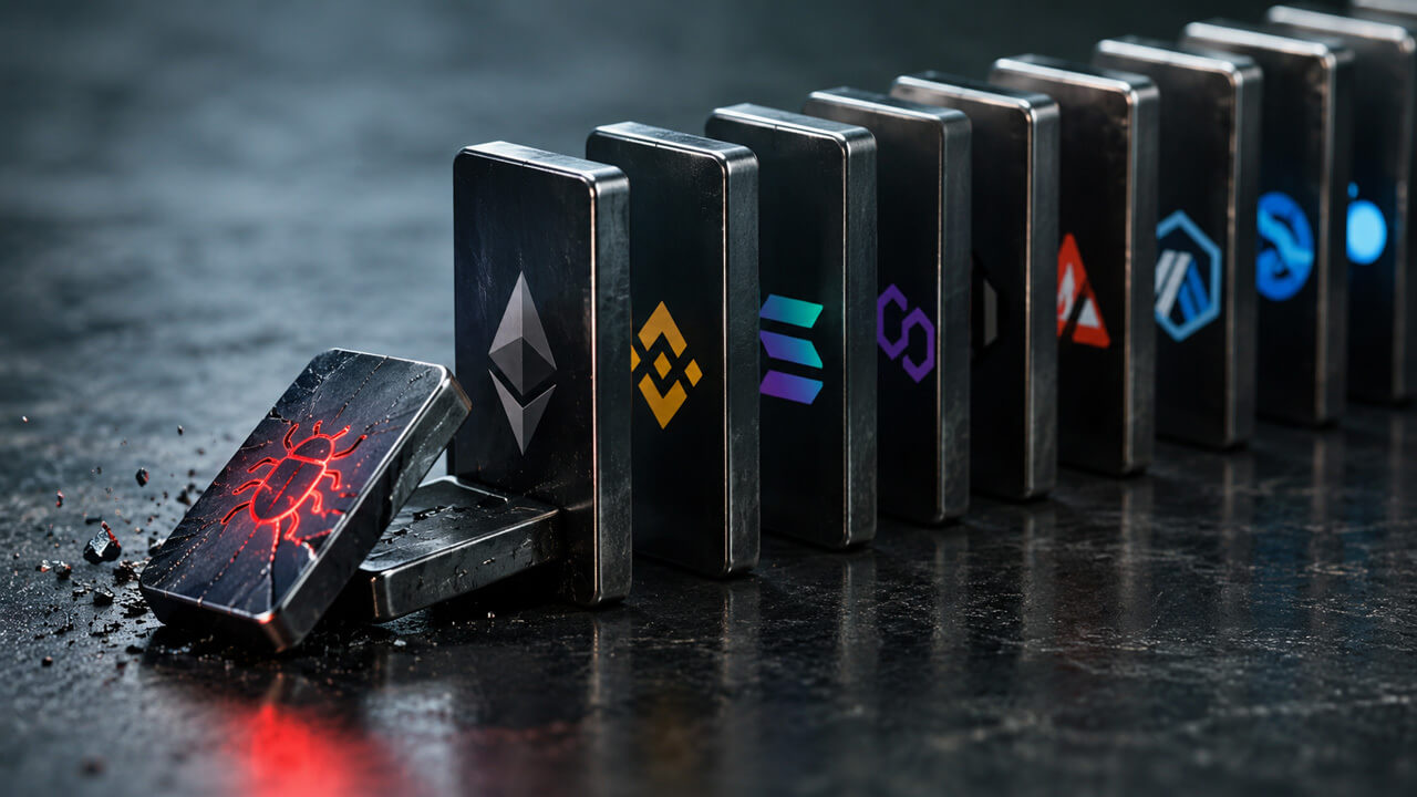 A row of blockchain ecosystem logos falling like dominoes after a bug strikes the first platform, symbolizing contagion risk from shared infrastructure and software dependencies.