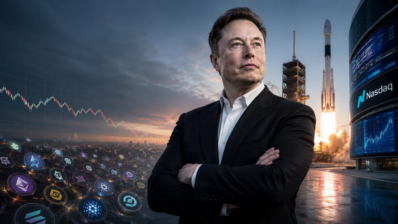 Elon Musk stands beside a SpaceX rocket launch and Nasdaq market display, illustrating how his trillionaire-level wealth exceeds the combined value of the crypto market outside Bitcoin.