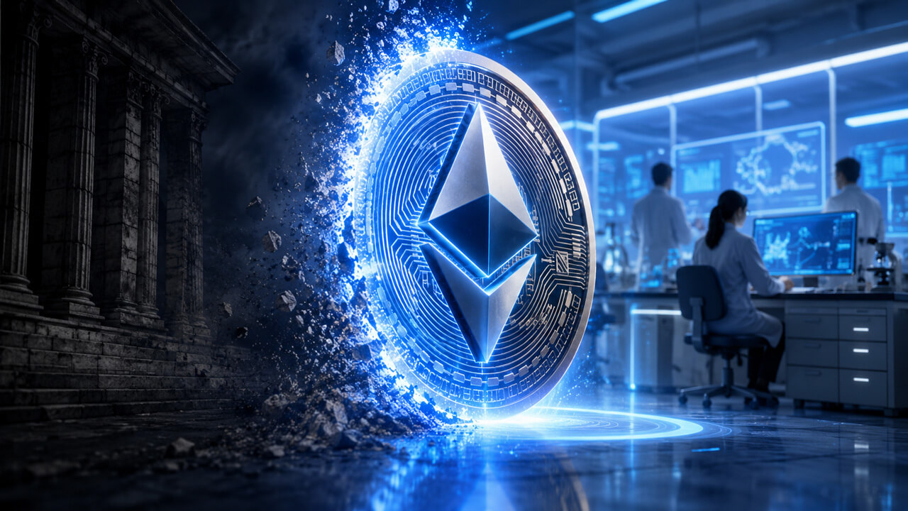 Ethereum Foundation symbol with Ethereum logo in a futuristic digital network background