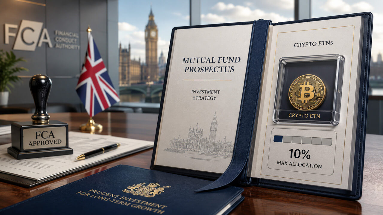 UK FCA proposal allowing retail investment funds to hold up to 10% crypto ETNs, illustrated by an FCA-approved fund prospectus and Bitcoin-backed crypto ETN allocation, highlighting regulated crypto exposure, fund diversification and UK retail investment reforms.