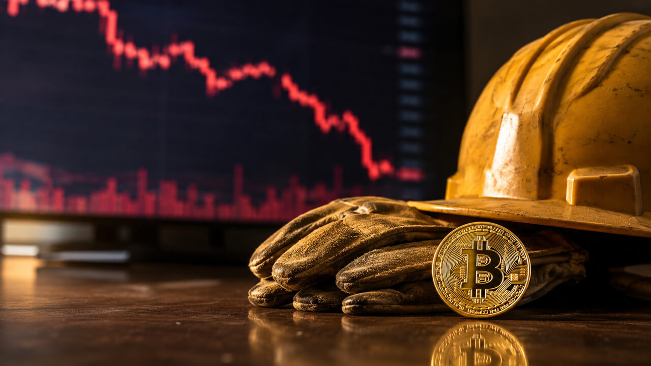 Bitcoin mining gear and a falling market chart symbolize how strong employment data can pressure Bitcoin prices by reducing expectations for interest rate cuts.