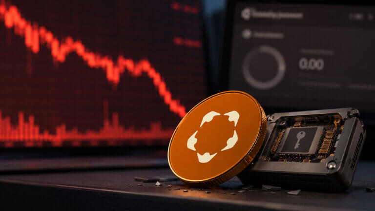 Humanity Protocol token beside a hardware key module and a collapsing price chart, illustrating how private key control and custody concerns emerged as the H token crashed and confidence in its zero-knowledge identity model came under pressure.