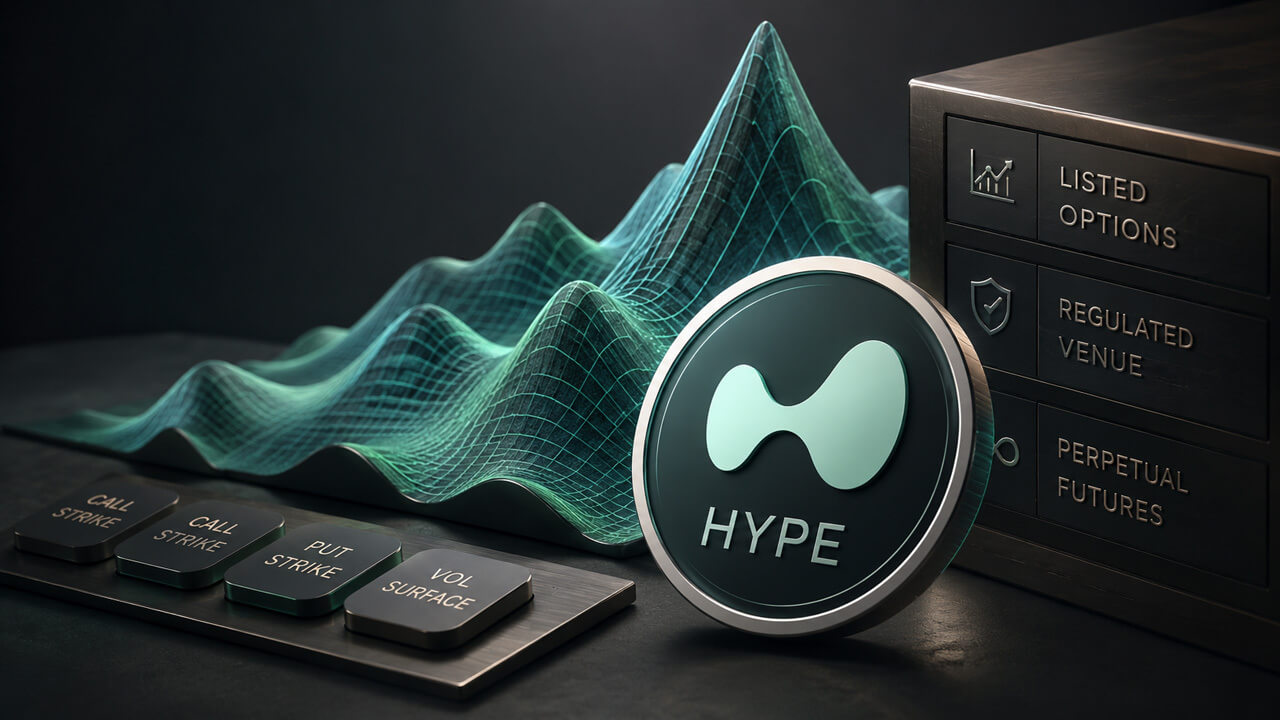 HYPE token with options market analytics and volatility curves, illustrating how Wall Street investors can now hedge Hyperliquid exposure through regulated options while weekend trading and perpetual futures create unique risk dynamics.