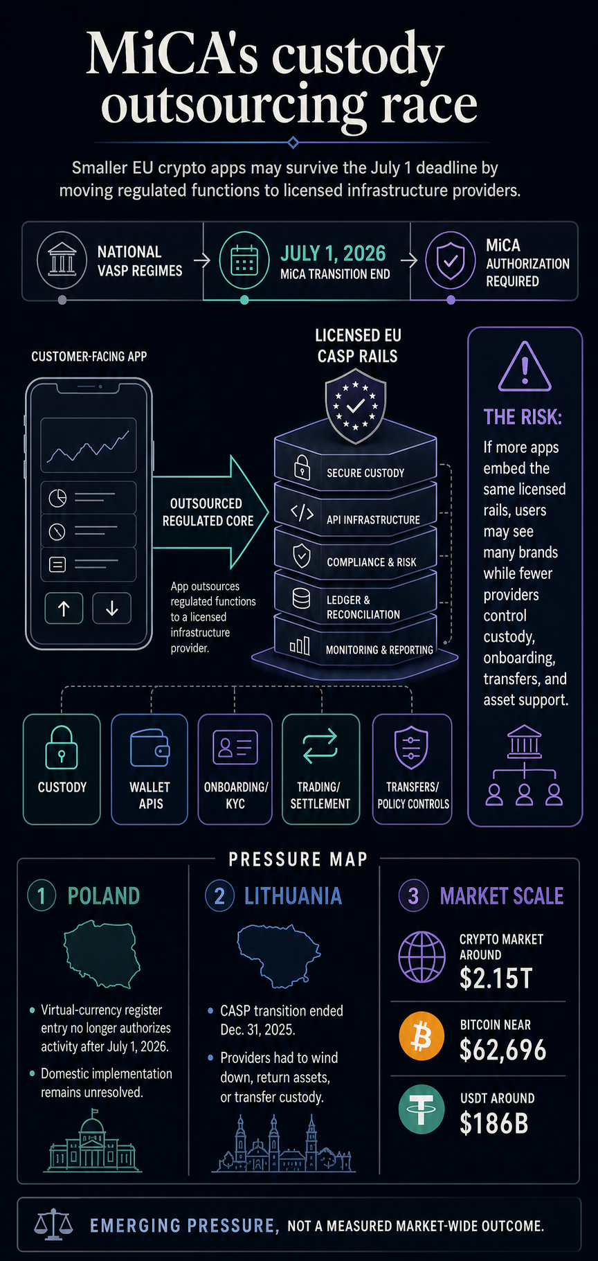 Infographic showing MiCA's custody outsourcing race from national VASP regimes to licensed EU CASP rails, with Poland, Lithuania, and market scale pressure points.