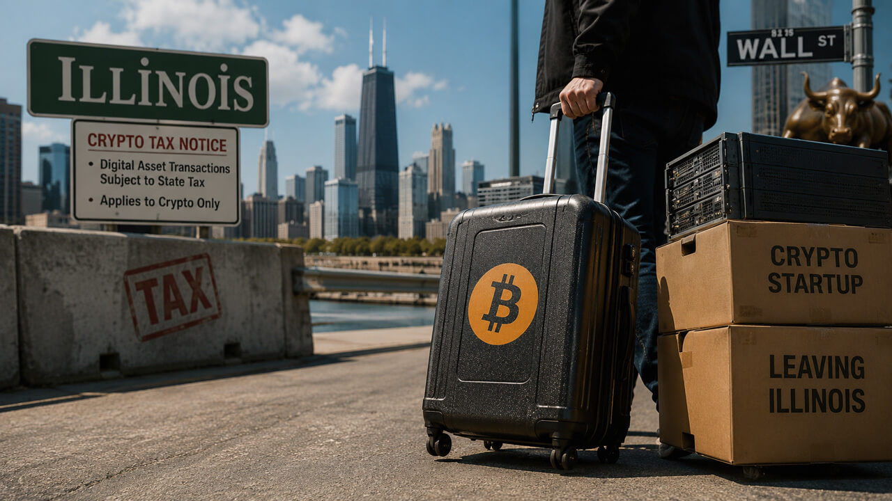 Bitcoin-branded suitcase and departing crypto startup beside Illinois tax notices and Chicago skyline, illustrating Illinois’ proposed crypto tax burden compared with traditional stock investments and business relocation concerns.