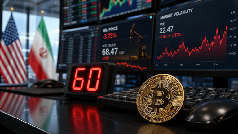 Bitcoin, oil prices, and market volatility displayed on trading screens beside U.S. and Iranian flags, illustrating how fading oil-shock fears have shifted Bitcoin’s focus to Federal Reserve policy, liquidity conditions, and a critical 60-day market test.