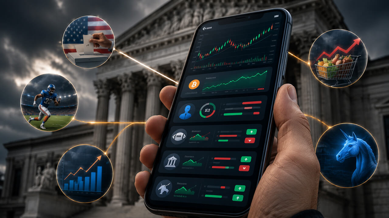 Prediction market app displaying Bitcoin, economic, sports, and election contracts, illustrating the debate over whether Kalshi can expand leveraged Bitcoin products into a broad all-in-one trading marketplace amid CME's legal challenge.