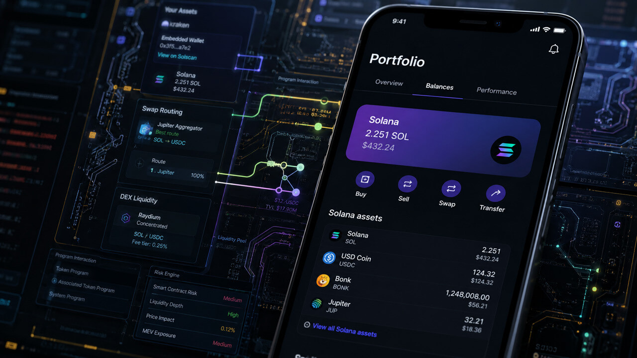 Kraken’s mobile app displaying Solana assets and token swaps, illustrating access to thousands of unapproved Solana tokens while risk assessment remains on-chain.