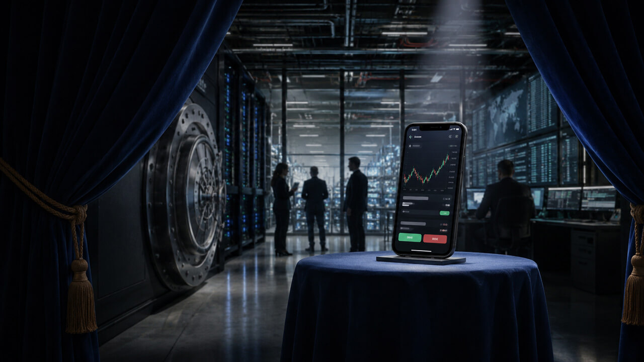 Crypto trading app displayed inside a secure institutional custody environment, with a bank vault, compliance teams, and data center infrastructure symbolizing MiCA-driven custody requirements.