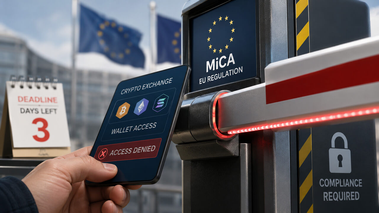 MiCA compliance deadline illustrated by a blocked crypto exchange access portal, highlighting EU Markets in Crypto-Assets regulation, wallet restrictions, exchange licensing requirements, compliance enforcement deadlines and the impact on European crypto users.