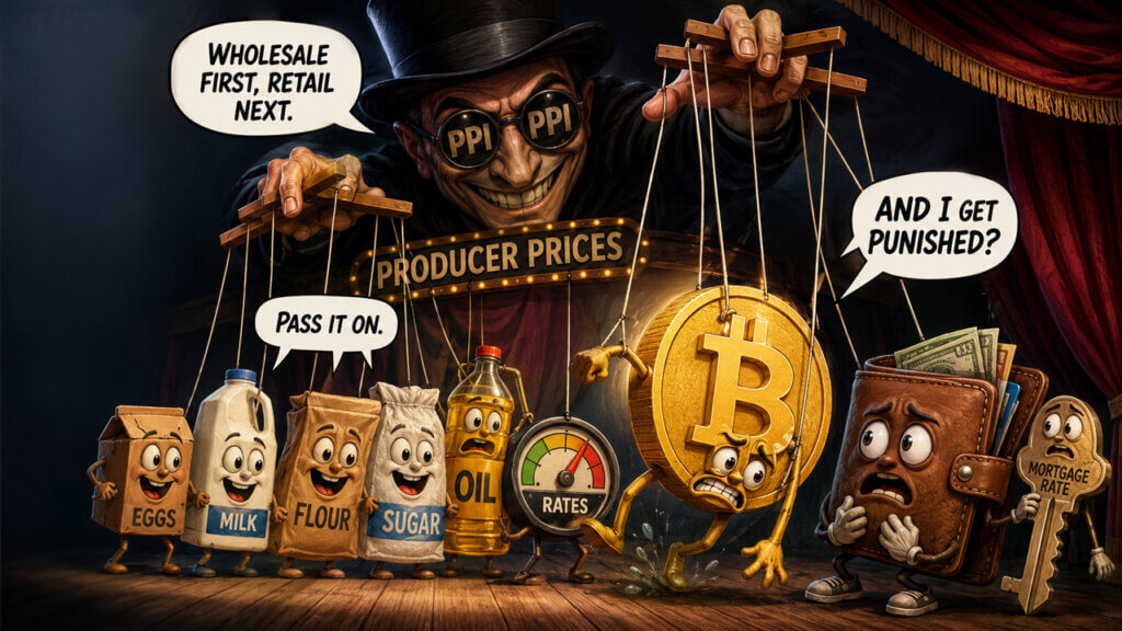 Cartoon of inflation puppeteer manipulating Bitcoin and producer price goods under PPI pressure
