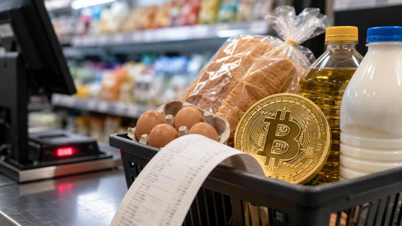 Bitcoin displayed alongside grocery staples and a shopping receipt, illustrating how wholesale inflation data can affect consumer prices, purchasing power, and Bitcoin markets.