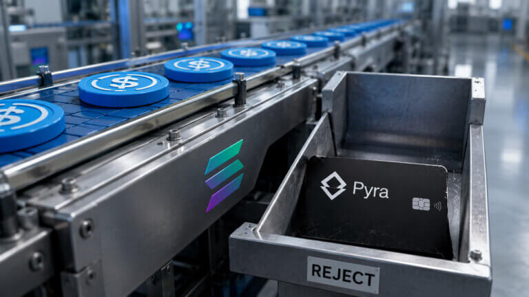 USDC tokens moving through a Solana-branded production line while a Pyra payment card is diverted to a reject bin, illustrating the contrast between a $1 billion USDC mint on Solana and ongoing user disruptions from a DeFi app shutdown and incomplete Drift recovery efforts.