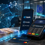 Ripple and Flutterwave partnership graphic showing cross-border payment integration, mobile payment terminal, and XRP-powered remittance infrastructure.