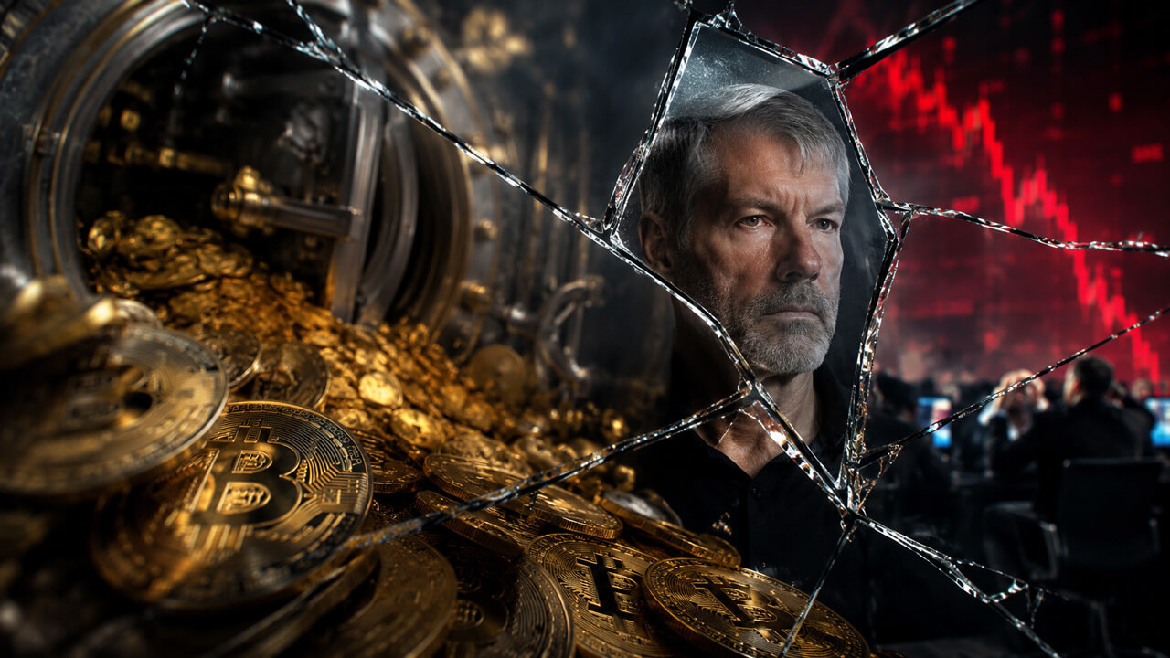 Bitcoin-filled vault and shattered glass framing Michael Saylor’s reflection as a red market sell-off chart looms in the background, illustrating debate over whether Strategy’s small Bitcoin sale was responsible for broader market weakness while larger sources of selling pressure emerged elsewhere.