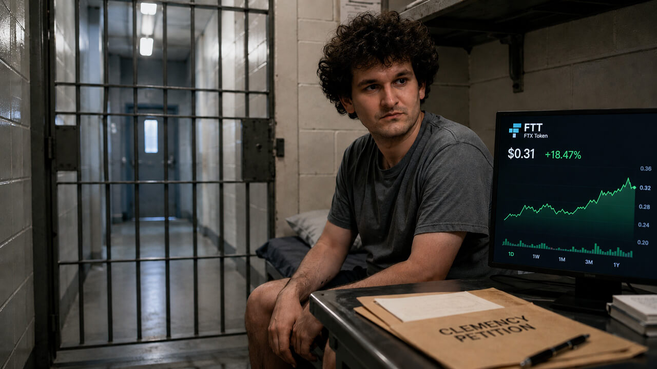 Sam Bankman-Fried in prison beside a rising FTT price chart, illustrating the FTX token’s sharp rally as reports emerge of efforts to seek a presidential pardon, highlighting renewed speculation around FTT despite the collapse of the FTX exchange.