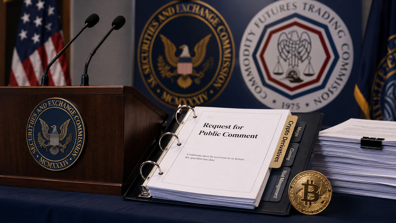 SEC and CFTC public comment process for crypto derivatives, with regulatory documents and a Bitcoin token displayed at a government briefing podium.