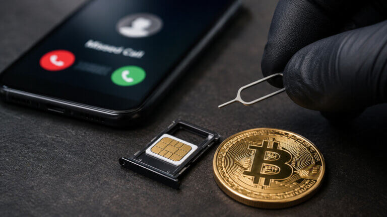 SIM card swap tools beside a smartphone and Bitcoin token, illustrating how robocall-related phone account exposure could increase risks for crypto theft and account takeover attacks.