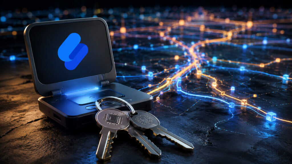 Secure digital wallet device with cryptographic keys positioned over a blockchain network map, symbolizing digital asset custody, self-custody security, and cryptographic key management.