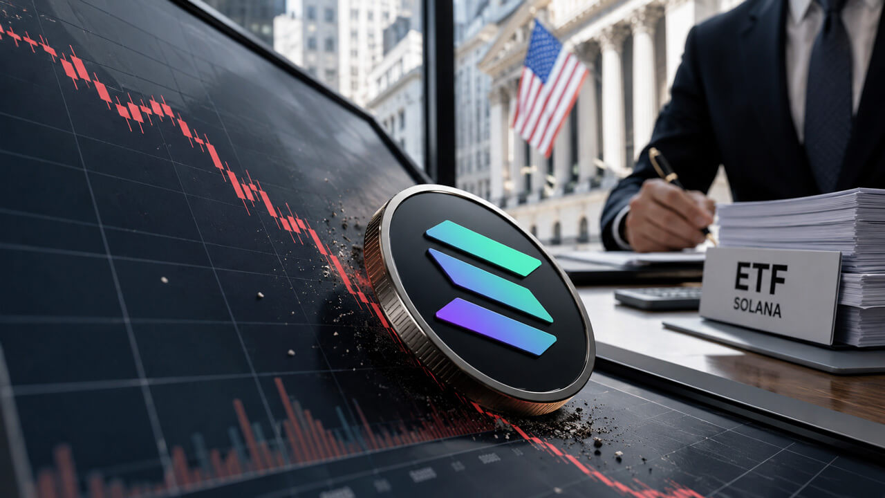 Solana token slides alongside a falling market chart while ETF paperwork sits in the background, illustrating the disconnect between strong institutional inflows, growing network activity, and declining SOL price performance.