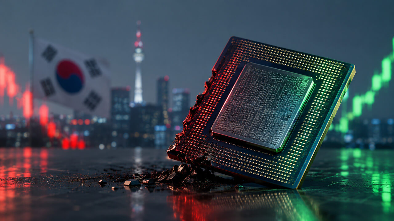 Burned AI semiconductor chip in front of Seoul’s skyline and South Korean flag, symbolizing extreme volatility in the country’s AI-driven stock market after a sharp two-day swing.