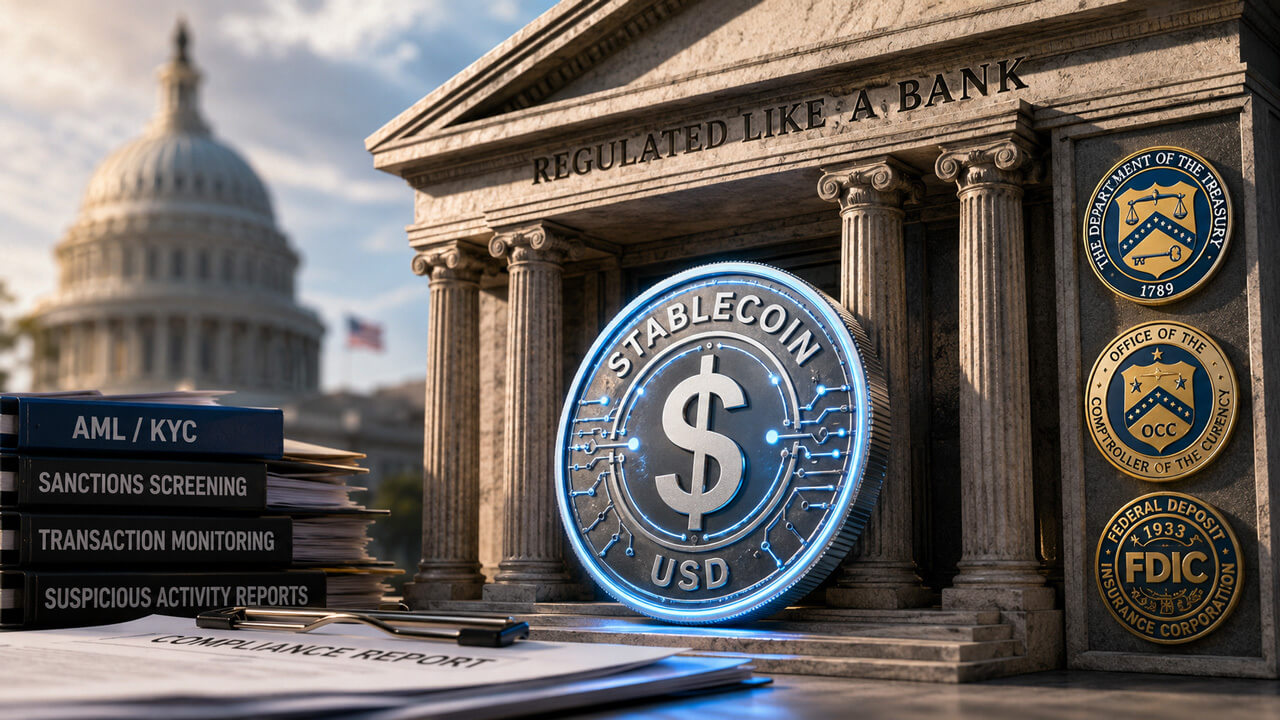 Stablecoin compliance and banking-style regulation framework, showing issuers operating under AML, KYC, and federal oversight requirements similar to traditional banks.