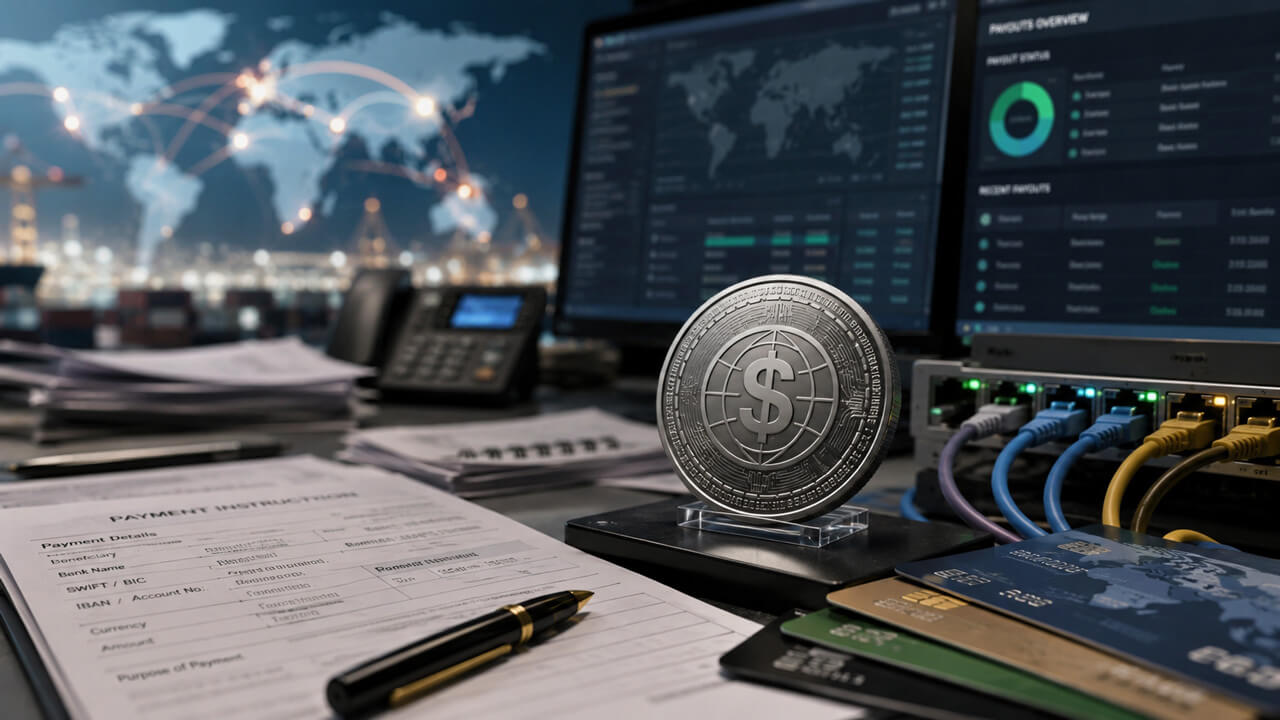 Global payments infrastructure with banking networks, payment rails, and digital dollar settlement systems, illustrating how stablecoins and blockchain-based transfers are integrating with traditional financial institutions and cross-border payment operations.