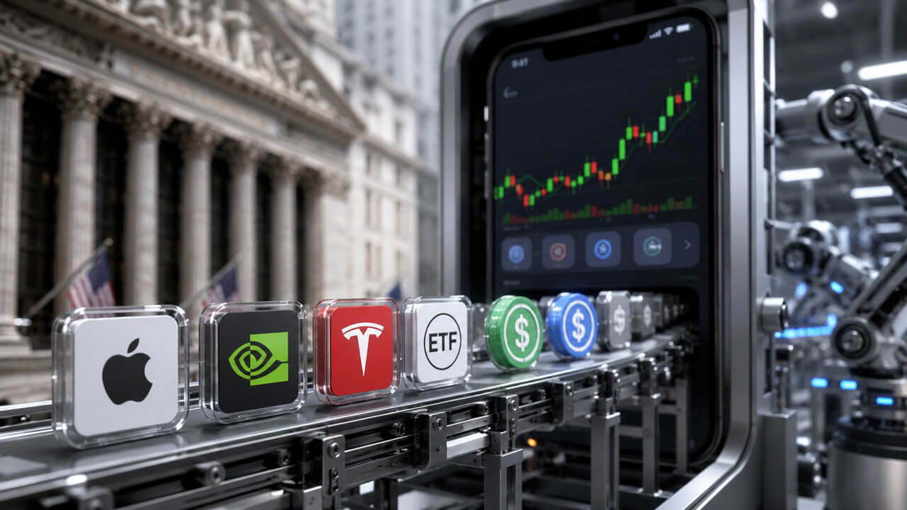 Crypto trading app and tokenized stock assets move along an exchange production line, illustrating how crypto platforms are expanding into stocks, ETFs, and digital asset trading to compete with traditional markets.
