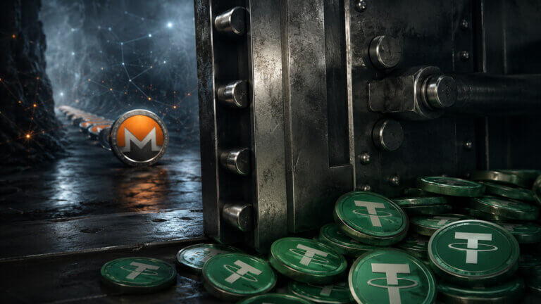 Open vault filled with frozen USDT tokens as Monero coins recede into a blockchain-linked tunnel, reflecting a $72 million Tether freeze tied to a suspected Monero money laundering investigation without a known hack connection.