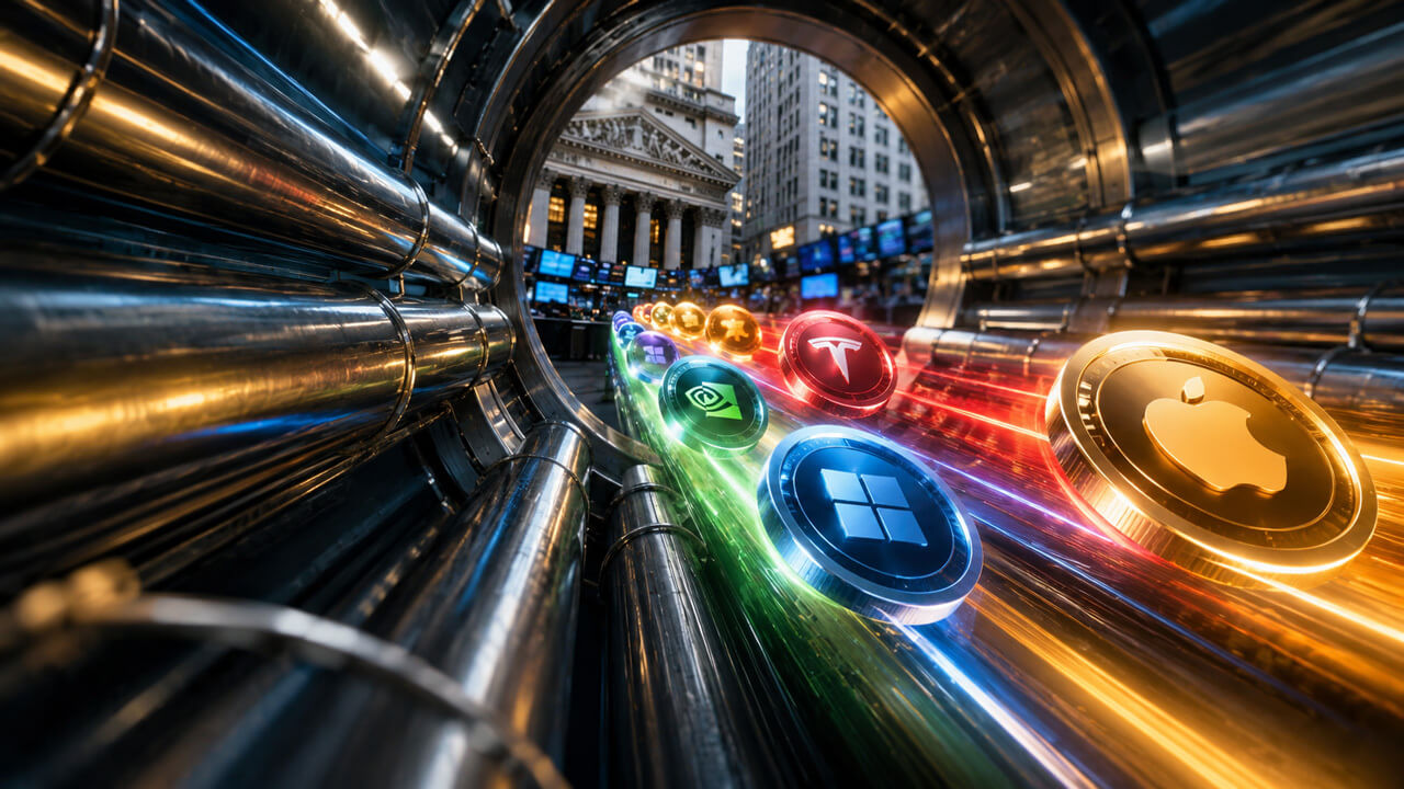 Tokenized stock trading visualization with digital assets moving through a financial market network