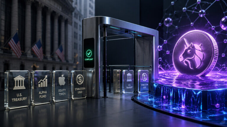 Wall Street tokenized assets passing through a compliance gate while Uniswap’s permissionless liquidity pool remains open, illustrating the tension between regulated tokenization frameworks and open DeFi markets that Standard Chartered believes could drive Uniswap’s future growth.