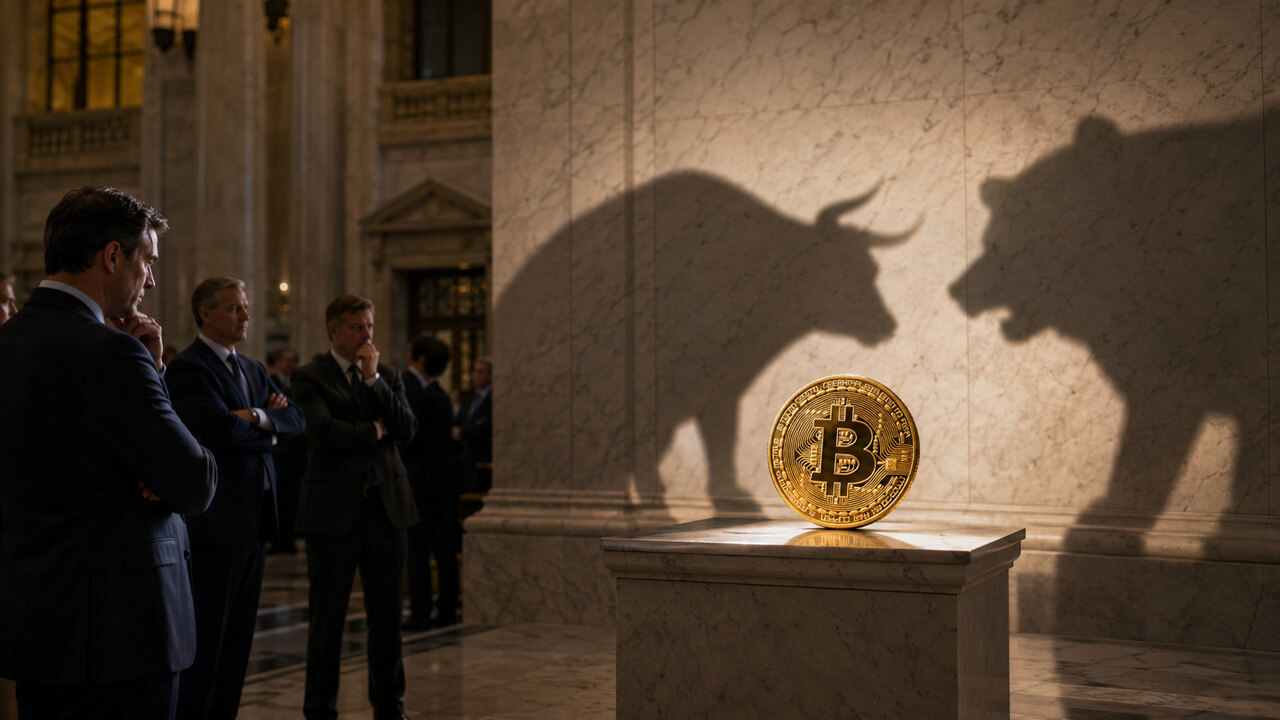 Bitcoin displayed between bull and bear market shadows on Wall Street, illustrating growing uncertainty over Bitcoin’s path to $100,000 as institutional forecasts remain bullish while market sentiment and price action turn more cautious.