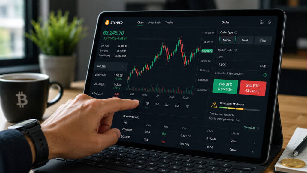 Beginner using a crypto trading platform with Bitcoin charts, order types, trading pairs and buy-sell controls on a tablet.