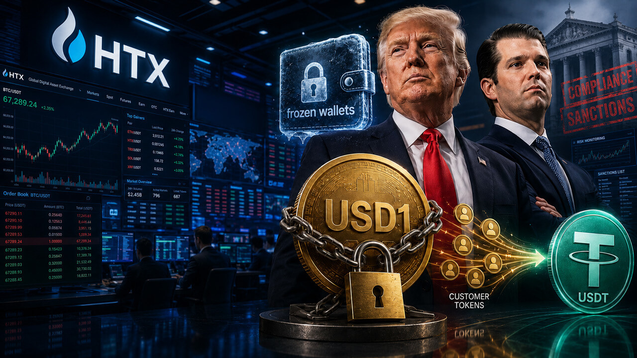 HTX trading platform backdrop with Trump-linked USD1 stablecoin, frozen wallet imagery, and compliance warnings, illustrating sanctions-related stablecoin scrutiny.