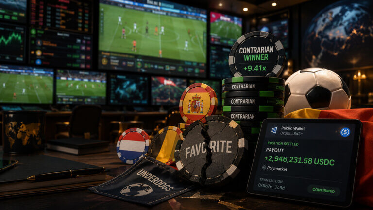 World Cup prediction market dashboard showing favorite bets collapsing while contrarian wagers deliver outsized payouts, illustrating how Polymarket users are losing money on heavily backed favorites as underdog positions generate the biggest returns.