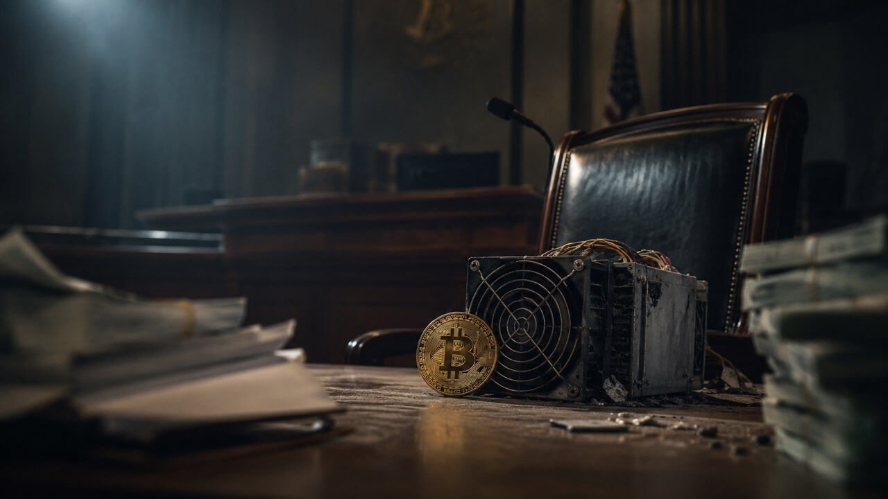An empty courtroom chair stands behind a Bitcoin coin and damaged crypto mining equipment presented as evidence in the alleged BitClub case.