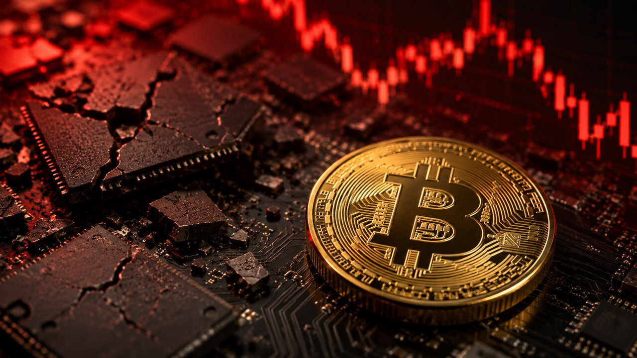 Golden Bitcoin rests on a circuit board beside cracked semiconductor chips as a red market chart signals pressure across technology and crypto assets.