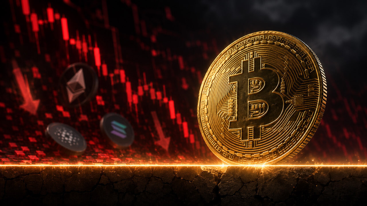 Golden Bitcoin stands on a glowing support line near $62,500 as Ethereum and other altcoins fall against a red market chart.