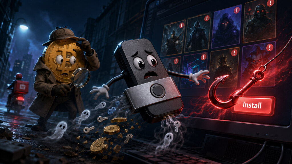 An anthropomorphic Bitcoin detective watches a frightened hardware wallet get pulled toward a hooked Install button beside eight suspicious game tiles.