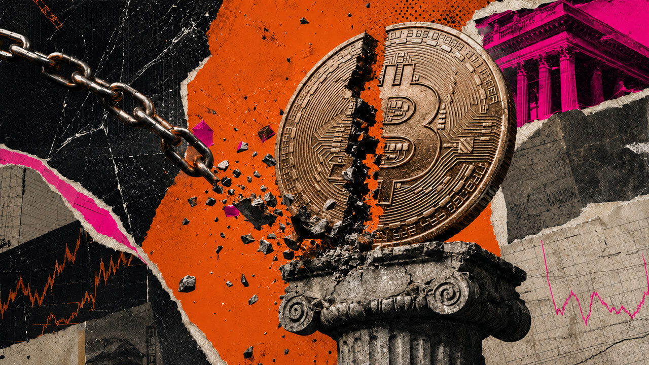 Cracked Bitcoin coin breaking apart above a classical stone column, linked to a heavy chain and surrounded by orange, magenta, black, and torn financial chart textures.