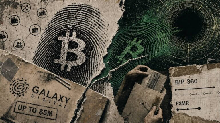 Editorial collage of a Bitcoin fingerprint splitting toward a quantum threat as Galaxy Digital’s $5 million grant braces the divide.