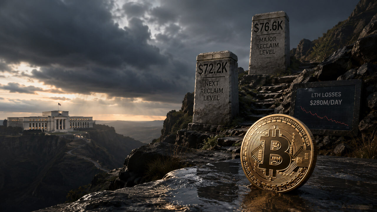 Bitcoin coin below stone markers for $72.2K and $76.6K reclaim levels, with LTH losses of $280M per day shown beside a stormy Fed backdrop.