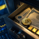Open secure drawer containing a Bitcoin coin, preferred-equity certificate and gold bars, with Swedish colors and a market chart nearby.