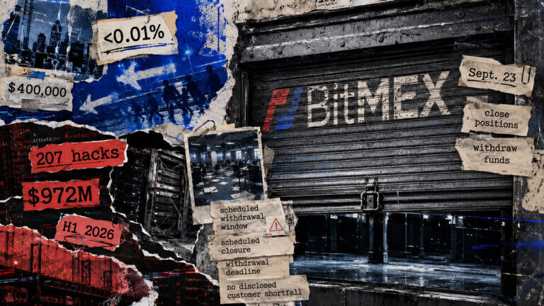 Distressed editorial collage showing a shuttered BitMEX exchange beside server infrastructure and evidence labels for its Sept. 23 closure, market share below 0.01%, 207 crypto hacks, and $972 million stolen.