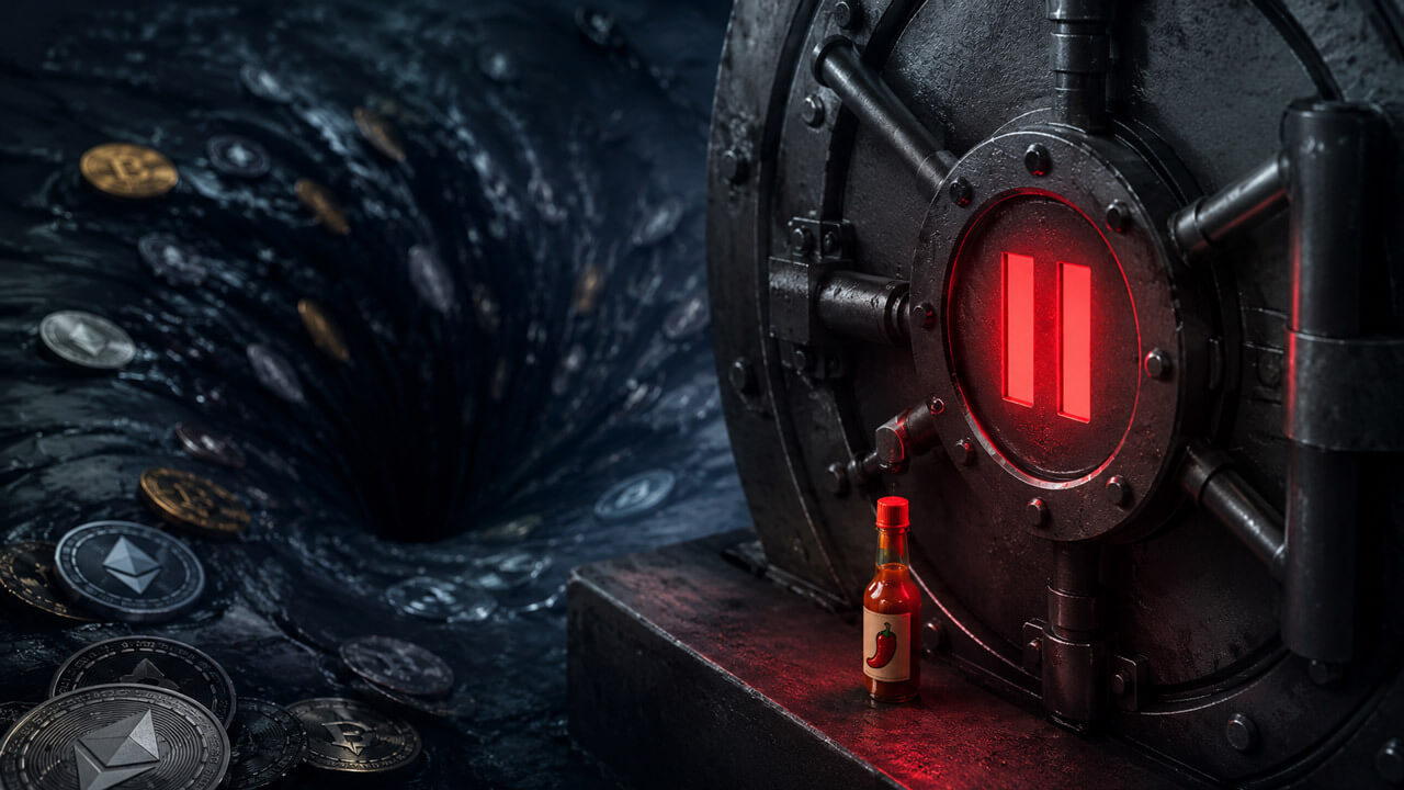 Locked vault door with a red pause symbol beside crypto tokens swirling into a dark drain, with a tiny sauce bottle representing Bonzo Lend collateral.